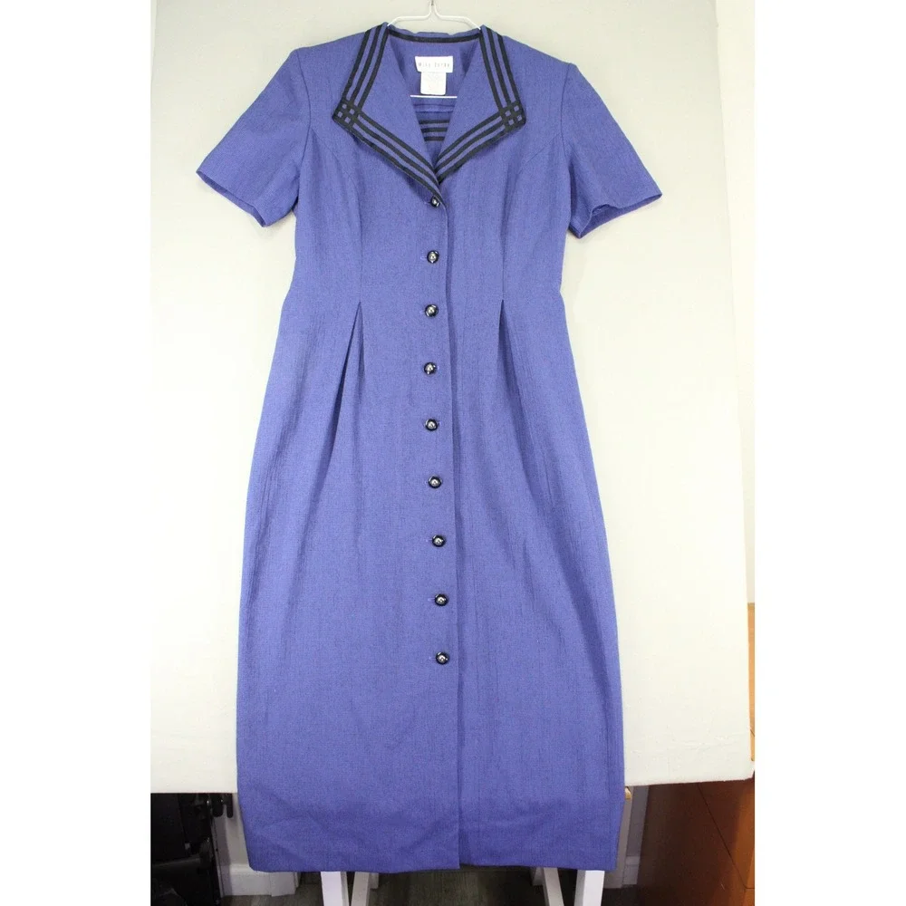 Miss Dorby Vtg Blue Sailor Collar Button Cottagecore Dress Womens 10 Houndstooth - Picture 1 of 13
